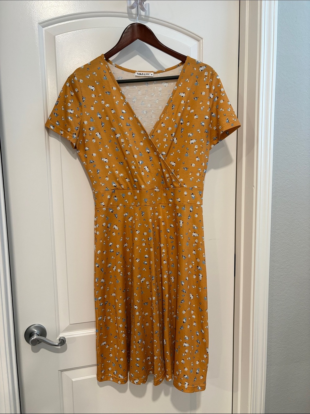 Wrap-Front Floral Midi Dress in Mustard
